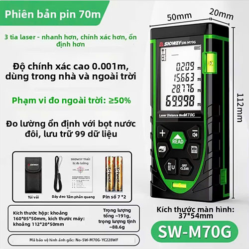 Máy đo khoảng cách Sndway SW-M70G đo 70m tia xanh