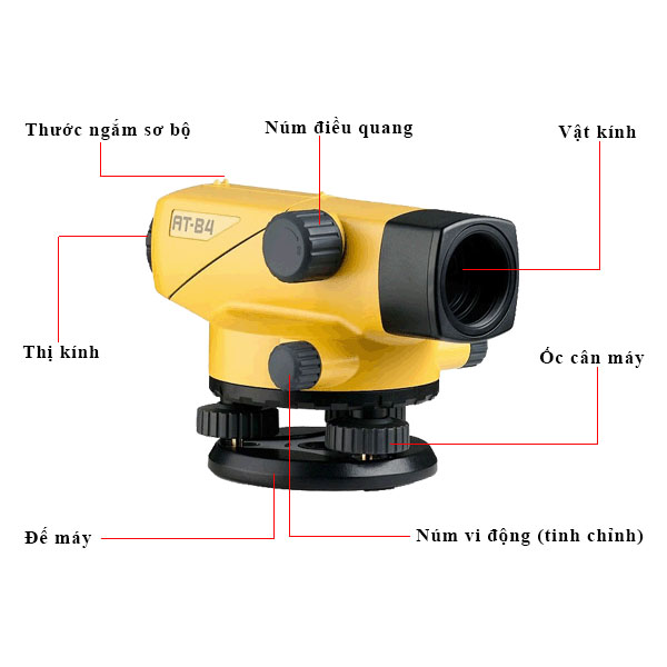 Máy thủy bình quang học màu vàng AT-B4 với ống kính, núm điều quang và đế máy tròn